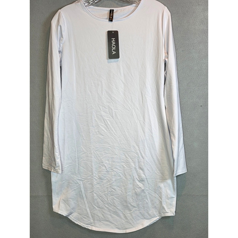 HAOLA Women White Long Sleeve Crewneck T-Shirt Mini Dress XL New
